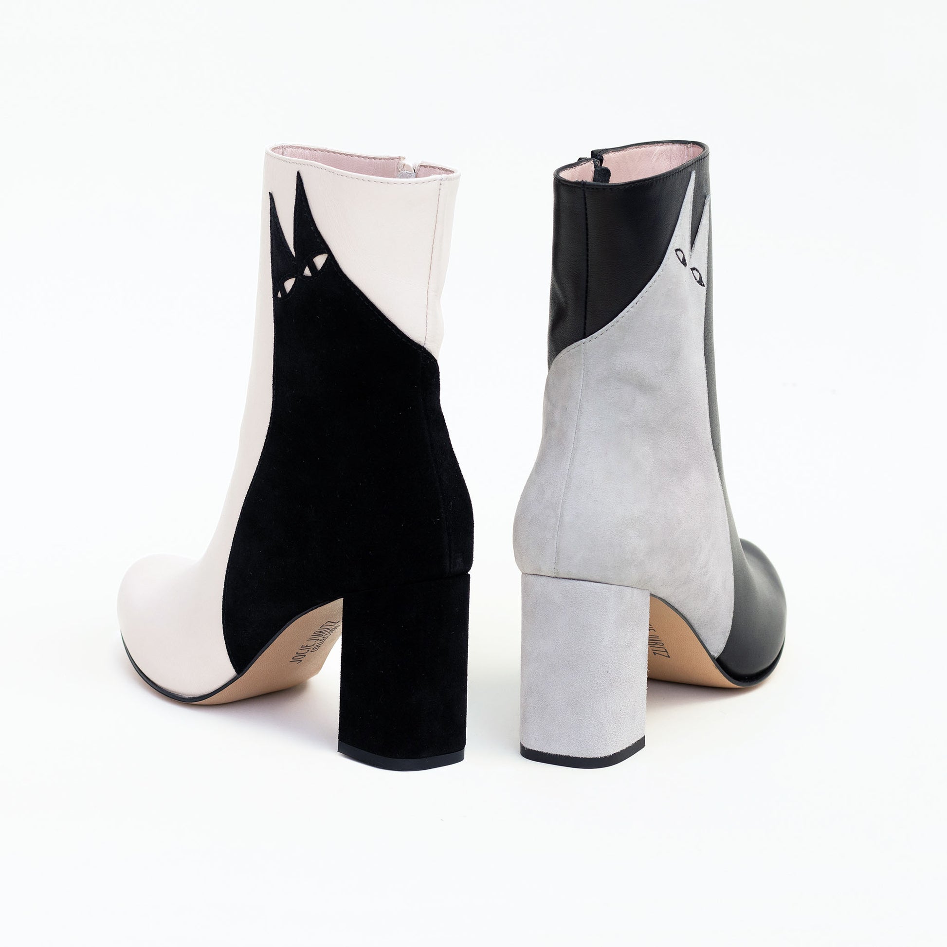 Shot from behind showing both the Ziggy and Etta suede and leather boots and their distinct contrast.