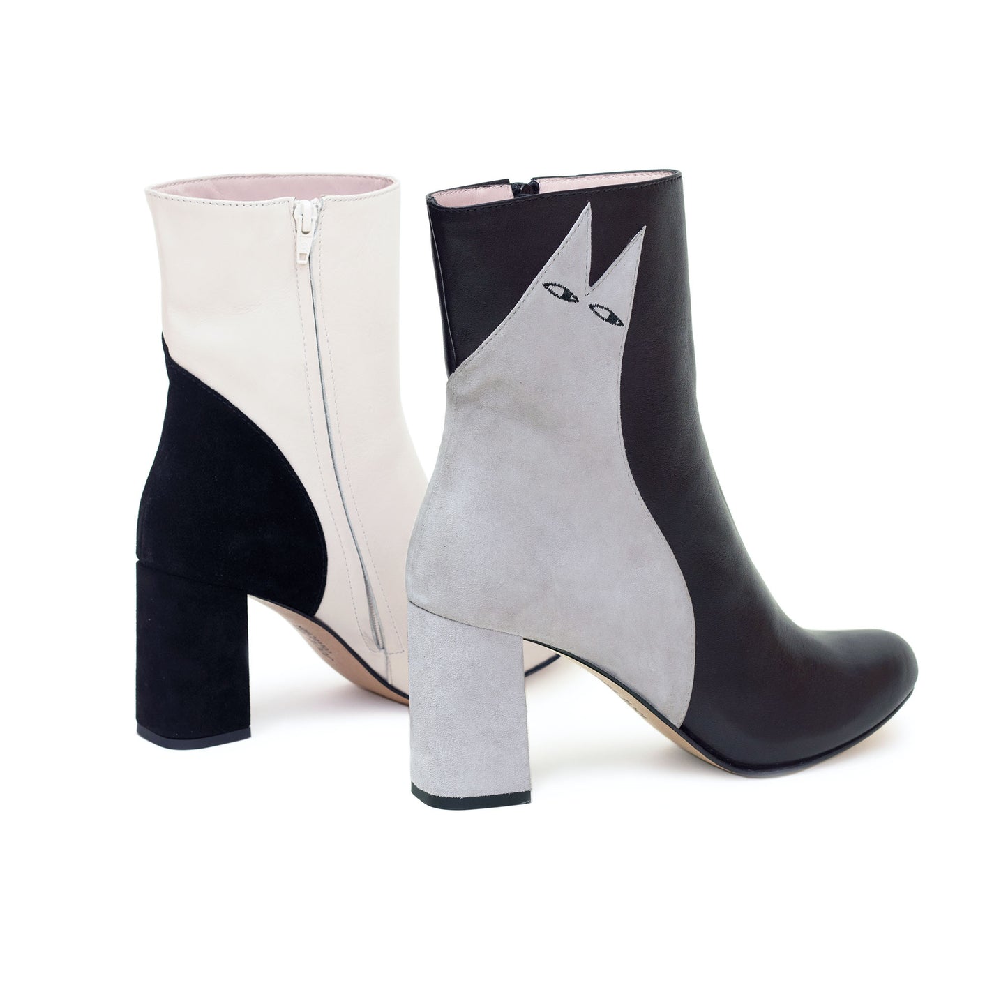 Showing the instep and zip of the Ziggy boot and the side of the Etta boot together for the Mix & Match designs.