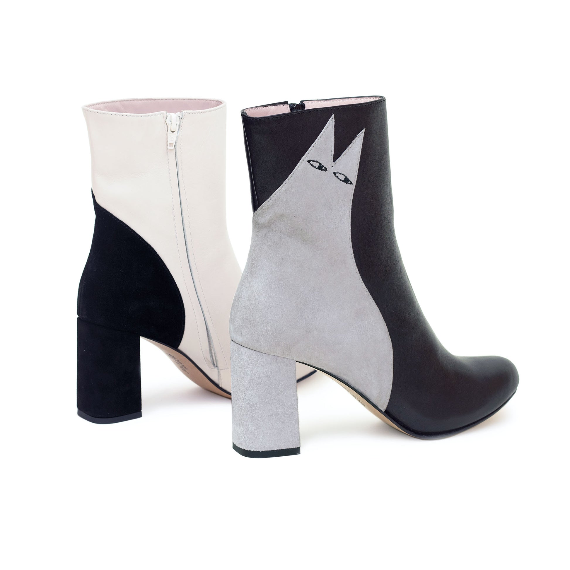 Showing the instep and zip of the Ziggy boot and the side of the Etta boot together for the Mix & Match designs.