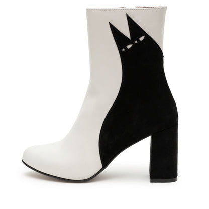 Hand made black & white leather high heeled cat boot with striking suede design that wraps around the back and side.